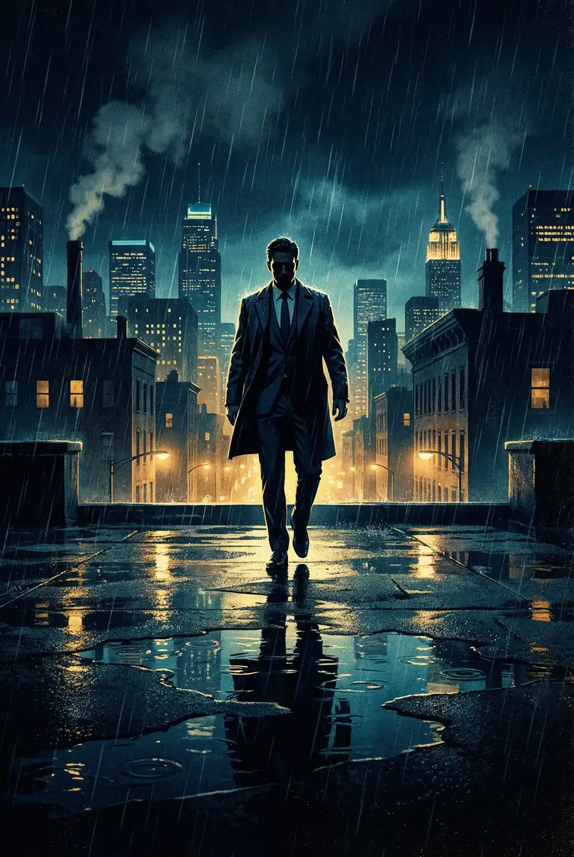 性交电影直播在线观看 出品影片《雨夜独行者》海报，雨中城市屋顶男性剪影
